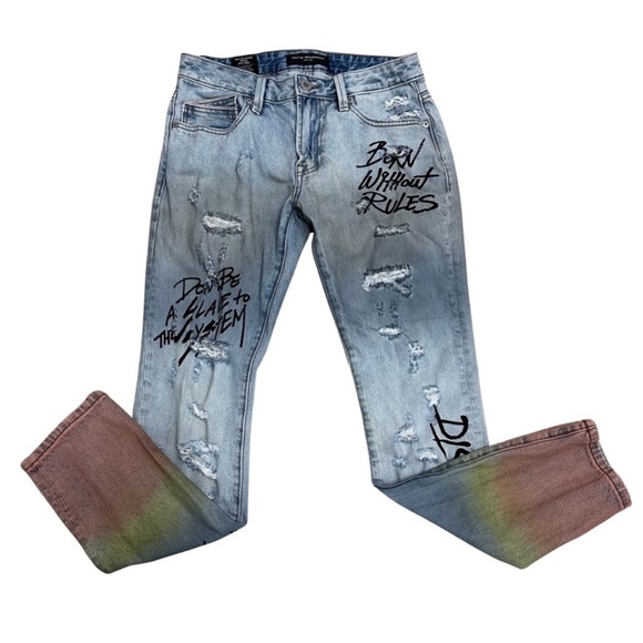 Cult Of Individuality Rocker Slim Distressed
Graffiti Blue Jeans Size 30 x 33 - Picture 1 of 8